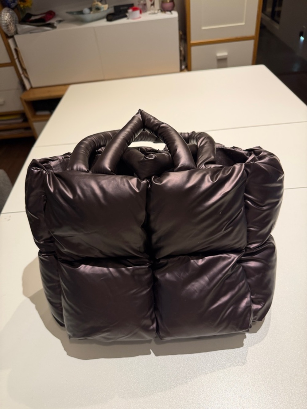 Anthropologie Shiny Dark Brown Quilted Tote